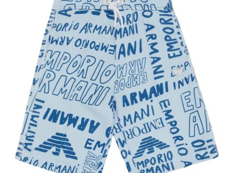 Emporio Armani Kids All-Over Logo Lettering Sky Blue Sweat Shorts Online Hot Sale