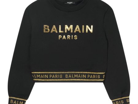 Balmain Kids Gold Glitter Logo Cropped Sweatshirt Online